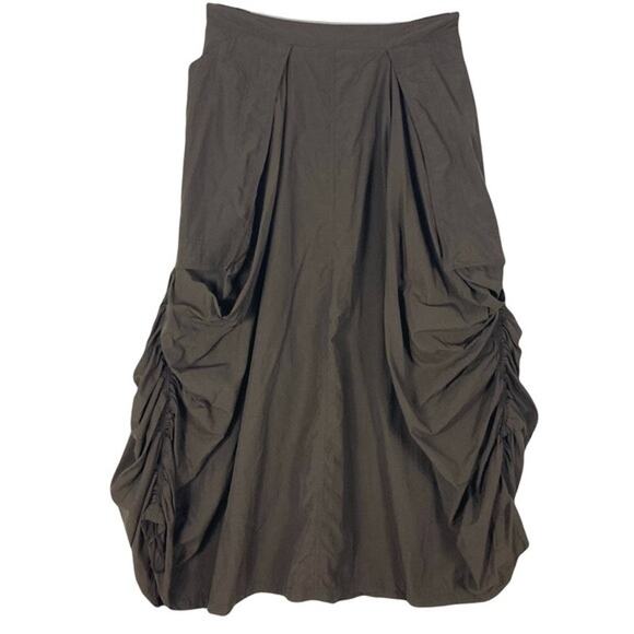 nwot HANNA La Journee Skirt 2~M Brown Ruched-Sides Pockets Midi Zip ElasticWaist